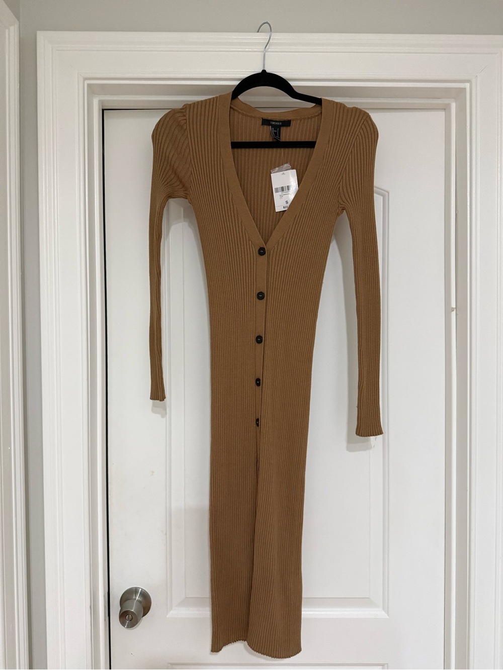Ribbed Button-Front Long Sleeve Dress — Camel